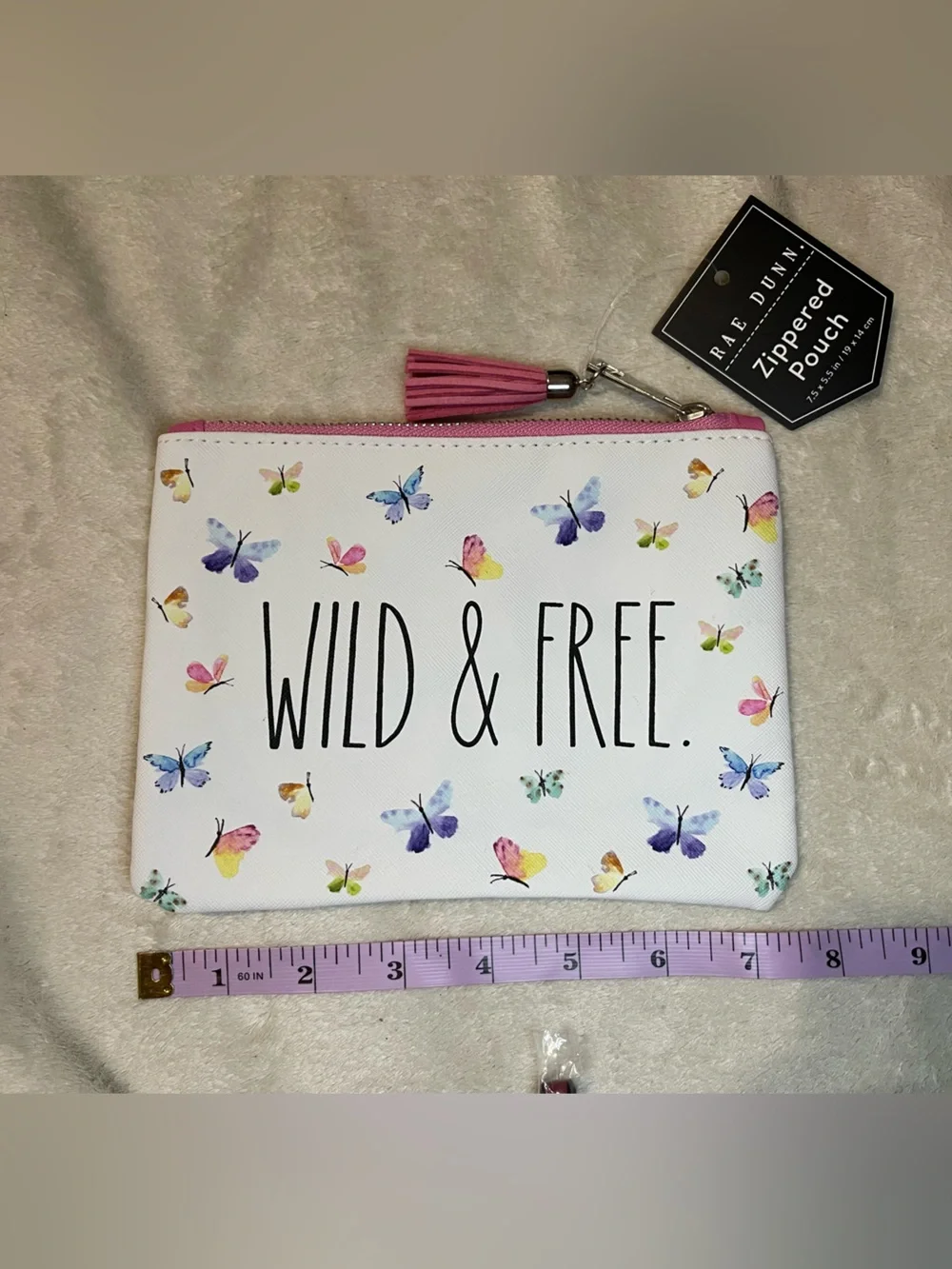 Rae Dunn White Butterfly Zip Pouch with Pink Tassel